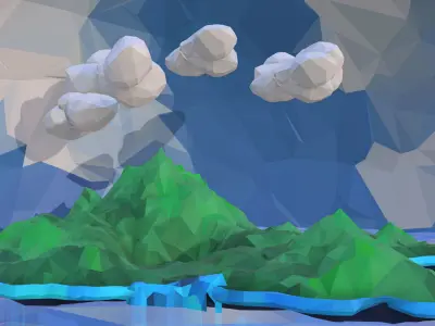 Green Waterfall Island Mountain Low Polygon Art 3D model