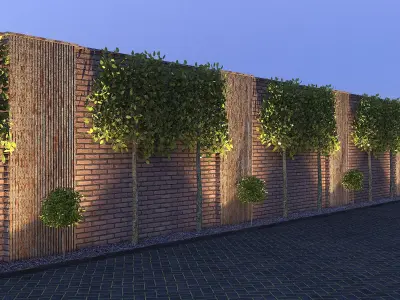 Brick Fence With Pleached Trees 3D model