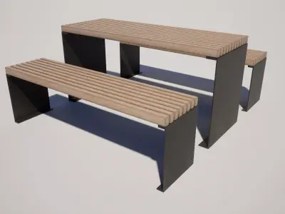 Modern Wooden Street Bench with Table Low-poly 3D model