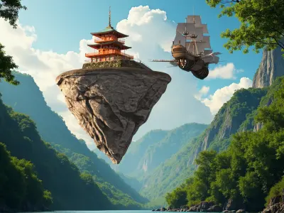  Flying Ship with Floating Island and Pagoda 