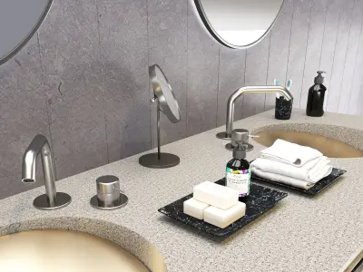 Double Washbain Design - Grey Marble and wood 3D model