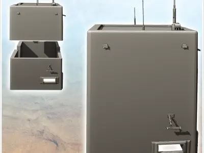 Square futuristic building with exterior pipes and roof antennas 3D print model