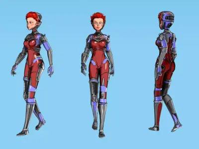 Asymmetric Robotic Character RED Low-poly 3D model