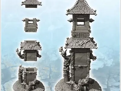 Large medieval tower with multiple tiled roofs and plant-covered 3D print model