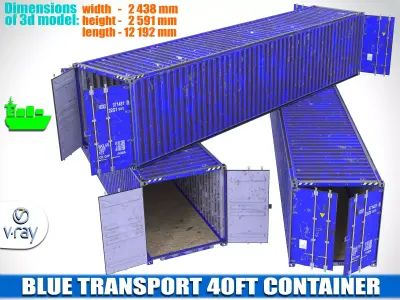Two-door 40ft scratched dirty blue container 3D model