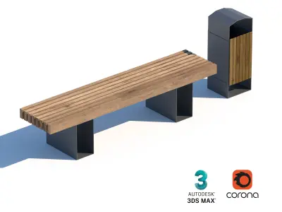 Modern Basic Outdoor Bench with Integrated Trash Bin 3D model