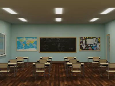 Classroom with chairs and blackboard Low-poly 3D model