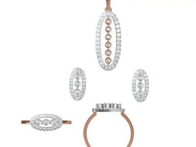 Light Minimalist Diamond Ring Earrings Pendant Set 3D print model shop