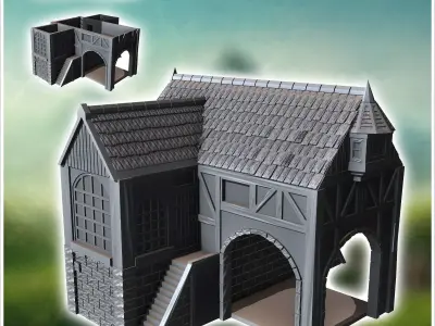 Medieval building with external stone staircase and large column 3D print model