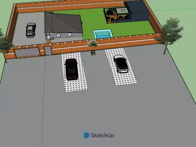 Modern House with Pool Terrace and Parking-SketchUp Model 3D model