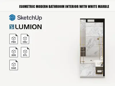 Isometric modern bathroom interior with white marble 3D model