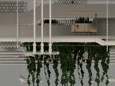 Pipes industrial ceiling with plants chandelier 3D model