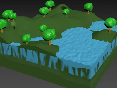 Mountain island with trees and water Low-poly 3D model