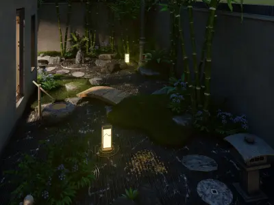 Elegant and classical Chinese Japanese style small courtyard 3D model