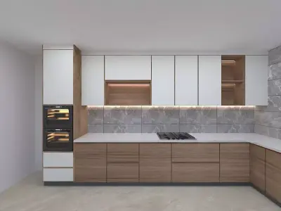 Kitchen 3D modern with cabinets and wooden counter tops 3D model