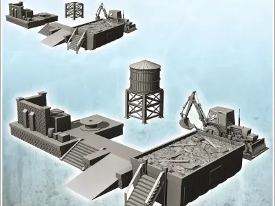Set of industrial elements with tipper dock backhoe and water ta 3D print model