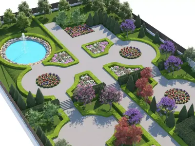 Classical Formal Garden Landscape with Fountain 3D Scene Low-poly 3D model