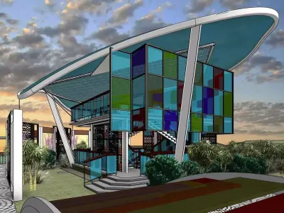 Galleria futuristic glass house at dusk 3D model