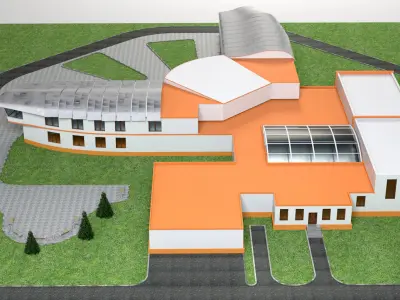 School building on grass 3D model