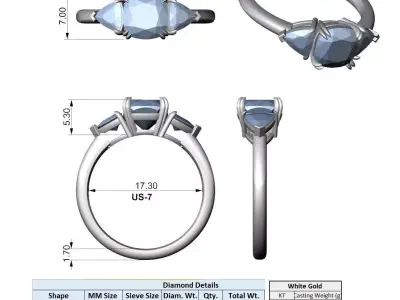 Three Stone Cushion Diamond Engagement Ring CAD STL 3D print model
