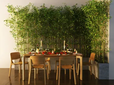 table setting with tangerines in bamboo 3D model