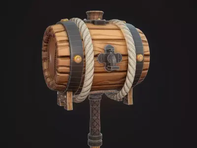 Stylish cartoon wine barrel hammer Low-poly 3D model