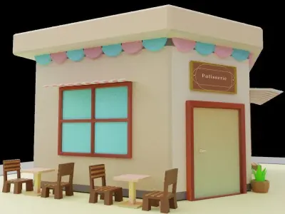 Low Poly Patisserie donut shop with tables and chairs Low-poly 3D model