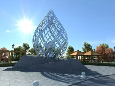 Realistic plaza  sculptural building  animated scene 3D model