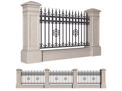Fence in classic style with wrought iron railing 3D model