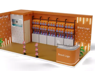 Compact pet food display booth with orange branding accents 3D model