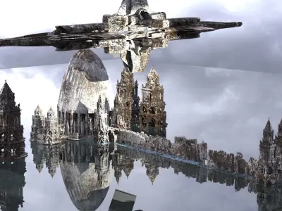 Winter Aztec ruins with spaceship 3D model