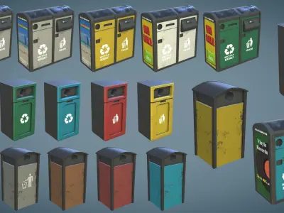 PhoneBooth Firehydrant Garbage bin Low-poly 3D model