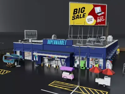 City Supermarket Building Interior Exterior Modular Environment Low-poly 3D model