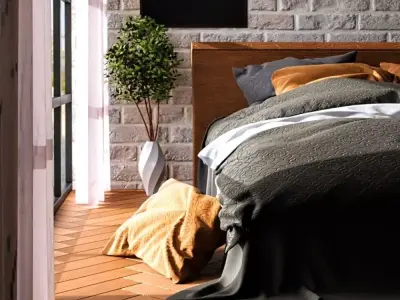 Bedroom with pillows and curtain  Low-poly 3D model