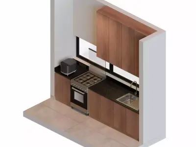 Walnut And Black Isometric Kitchen Interior 3D model