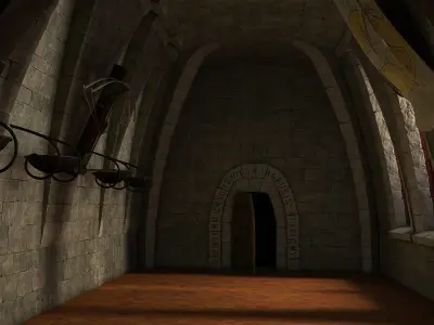 Medieval hall with arballista and a tower bridge Low-poly 3D model