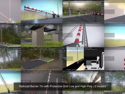 Railroad Barrier 7m with Protective Grid Low and High-Poly 3D Model Pack