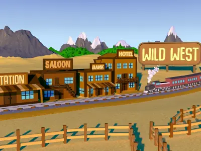 Illustration of Wild West and desert with a railroad Low-poly 3D model