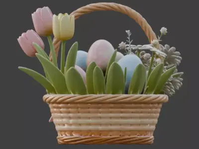 3D WOODEN EASTER BASKET WITH  EGGS AND SPRING FLOWERS V01 Low-poly 3D model