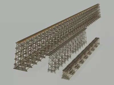 Three models 3D Wood trestle bridge and rail tracks Low-poly 3D model