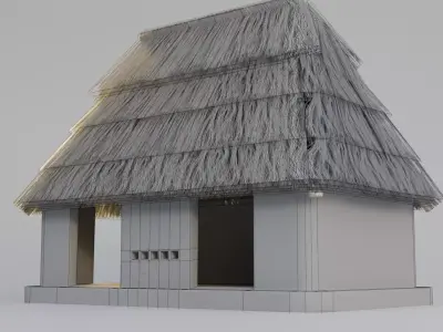 Traditional African Mud Hut with Thatched Roof Low-poly 3D model
