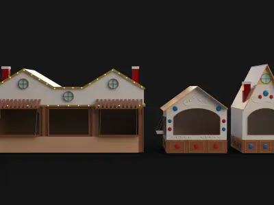 11 Piece Christmas buildings markets and stands Low-poly 3D model