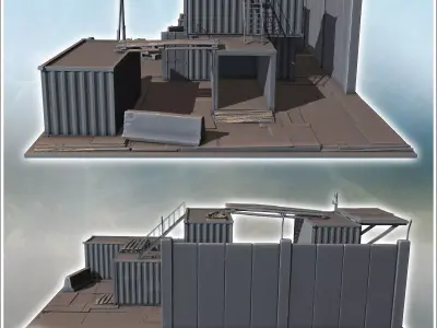Stacked shipping containers forming a makeshift structure with l 3D print model