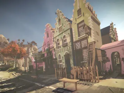 Blue tenement with shop window and basement Low-poly 3D model