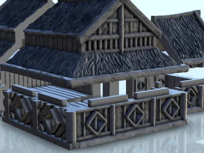 Large medieval house with multi-floored thatched roof 8 3D print model