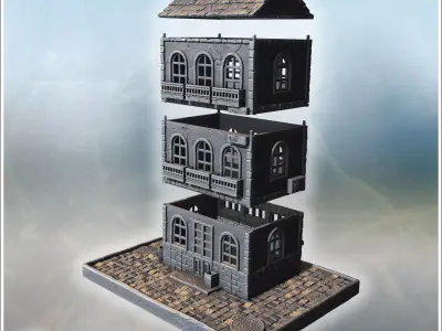 Elegant brick building with arched windows balconies rooftop chi 3D print model