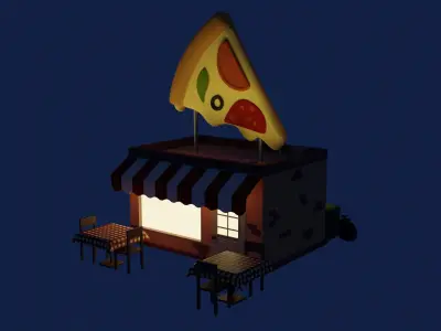 Pizzeria pizza shop with tables and chairs Low-poly 3D model