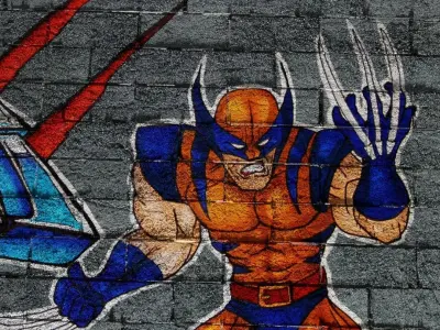 Stone Brick Wall with Wolverine Graffiti PBR Texture Texture