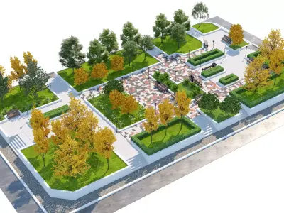 Stylized Autumn City Park 3D Scene Low-poly 3D model