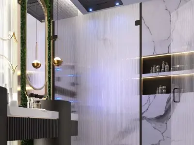 High End Modern Bathroom Interior LED Shower Dual Sinks Marble 3D model